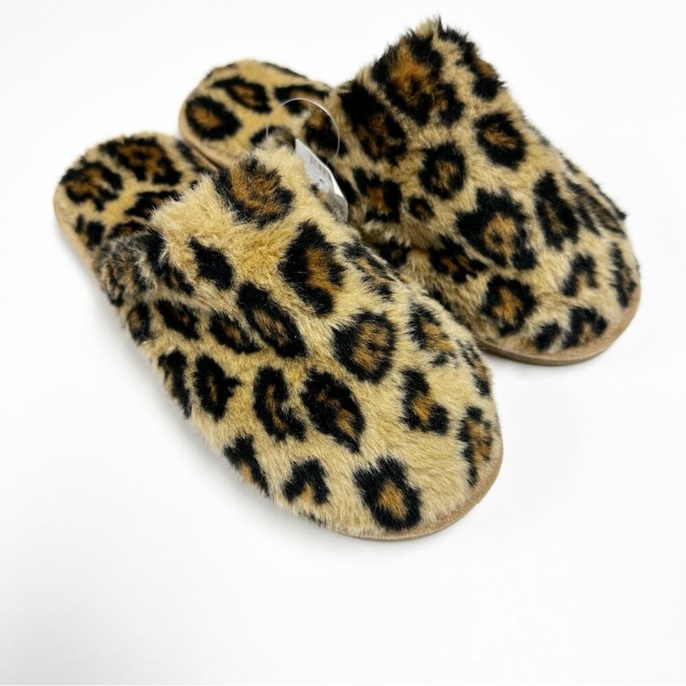 NEW J. Crew Leopard Fuzzy Faux Fur Slippers Womens 6 Animal Print Cozy Slip On